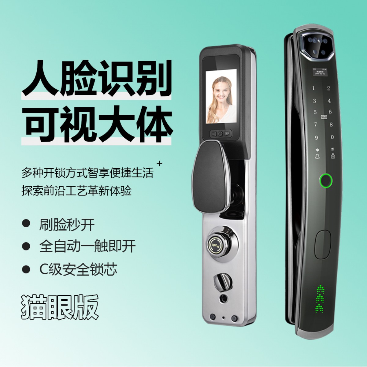 科鲁德智能锁-K919全自动人脸识别远程猫眼版烤漆一体板 远程猫眼版KLD-608